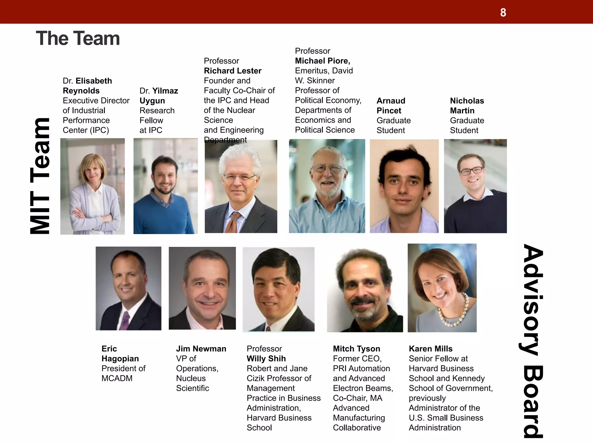 The Team
8
Dr. Elisabeth
Reynolds
Executive Director
of Industrial
Performance
Center (IPC)
Dr. Yilmaz
Uygun
Research
Fellow
at IPC
Nicholas
Martin
Graduate
Student
Professor
Richard Lester
Founder and
Faculty Co-Chair of
the IPC and Head
of the Nuclear
Science
and Engineering
Department
Professor
Michael Piore,
Emeritus, David
W. Skinner
Professor of
Political Economy,
Departments of
Economics and
Political Science
Arnaud
Pincet
Graduate
Student
Eric
Hagopian
President of
MCADM
Jim Newman
VP of
Operations,
Nucleus
Scientific
Professor
Willy Shih
Robert and Jane
Cizik Professor of
Management
Practice in Business
Administration,
Harvard Business
School
Mitch Tyson
Former CEO,
PRI Automation
and Advanced
Electron Beams,
Co-Chair, MA
Advanced
Manufacturing
Collaborative
Karen Mills
Senior Fellow at
Harvard Business
School and Kennedy
School of Government,
previously
Administrator of the
U.S. Small Business
Administration
MITTeam
AdvisoryBoard
 