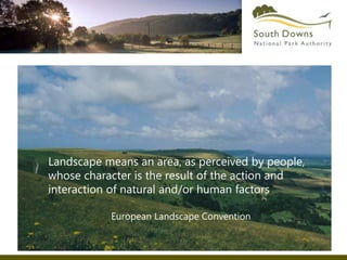 Landscape means an area, as perceived by people,
whose character is the result of the action and
interaction of natural and/or human factors
European Landscape Convention
 