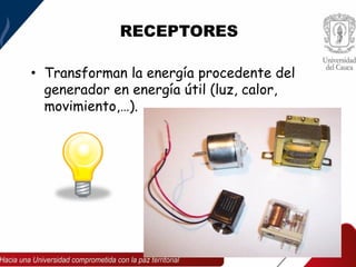 RECEPTORES
• Transforman la energía procedente del
generador en energía útil (luz, calor,
movimiento,…).
 
