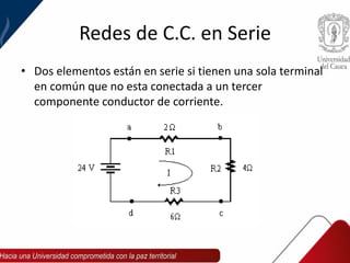 Redes de C.C. en Serie
• Dos elementos están en serie si tienen una sola terminal
en común que no esta conectada a un tercer
componente conductor de corriente.
 