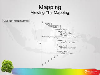 Mapping
Viewing The Mapping
GET /gb/_mapping/tweet {
"gb": {
"mappings": {
"tweet": {
"properties": {
"date": {
"type": "d...