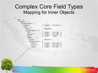 Complex Core Field Types
Mapping for Inner Objects
{
"gb": {
"tweet": {
"properties": {
"tweet": { "type": "string" },
"us...