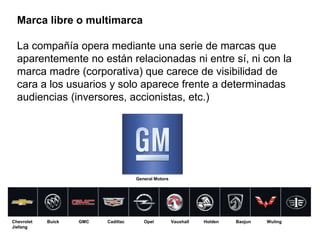 Marca libre o multimarca
La compañía opera mediante una serie de marcas que
aparentemente no están relacionadas ni entre sí, ni con la
marca madre (corporativa) que carece de visibilidad de
cara a los usuarios y solo aparece frente a determinadas
audiencias (inversores, accionistas, etc.)
Chevrolet Buick GMC Cadillac Opel Vauxhall Holden Baojun Wuling
Jiefang
General Motors
 
