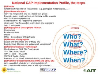 National CAP Implementation Profile, the steps
Audience
Geography
Language
Technology
(1) Events
What type of incidents wi...