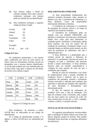 6-10
(d) Este número indica a bitola do
referido condutor. Para cabo coaxial e
condutores termopar, este número
pode ser omitido de sua identificação.
(e) Para condutores termopar, o seguinte
código de letras é usado.
Cromel CR
Alumel AL
Ferro FE
Constantan CN
Cobre CU
Exemplo:
W 102 – 645 – CR
Código de Cores
Os condutores pertencentes a um mesmo
cabo, codificados por meio de cores através de
listras, faixa ou inteiramente colorido, devem ser
designados com o mesmo número identificador.
A cor de cada condutor deve ser indicada pelo uso
de duas letras, logo após o número de sua bitola,
de acordo com a tabela a seguir:
COR LETRAS COR LETRAS
Preta BK Verde GN
Marron BR Azul BL
Vermelha RD Violeta VT
Laranja OR Cinza GY
Amarela YE Branca WH
Rosa PK
Figura 6-12 Código de cores
Para condutores de alumínio, o sufixo
ALUM deve ser adicionado ao seu código de
identificação.
Se o código de identificação exceder a 15
dígitos, o sufixo ALUM deve ser substituído por
AM.
ISOLAMENTO DO CONDUTOR
As duas propriedades fundamentais dos
materiais isolantes (borracha, vidro, amianto ou
plástico, etc.) são: a resistência do isolamento e; a
força dielétrica. Essas são propriedades
inteiramente diferentes e distintas.
A resistência do isolamento é a resistência
da passagem da corrente, através e ao longo da
superfície dos materiais isolantes.
A resistência do isolamento pode ser
medida com um medidor (MEGGER) sem
danificar o isolamento, de modo que a informação
obtida sirva como guia para determinar as
condições gerais. Entretanto, a informação, obtida
desta maneira, não será um retrato fiel da
condição do isolamento. Isolamento limpo e seco
contendo fendas ou defeitos pode mostrar um alto
valor de resistência de isolamento, mas não é
adequado para uso.
A força dielétrica é a propriedade que o
isolante possui de suportar a diferença de
potencial e, é, geralmente, expressa em termos de
voltagem, na qual o isolamento não funciona
devido à tensão eletrostática. A força dielétrica
máxima pode ser medida, aumentando-se a
voltagem de uma amostra de teste até que o
isolamento seja rompido.
Devido ao custo do isolamento e seu efeito
de endurecimento junto a grande variedade de
condições físicas e elétricas, sob as quais os
condutores são operados, somente o isolamento
mínimo necessário é aplicado para qualquer tipo
específico é aplicado par qualquer tipo específico
de cabo destinado a desempenhar uma
determinada tarefa.
O tipo de material de isolamento do
condutor varia com o tipo de instalação. Tais
tipos de isolantes como a borracha, seda e papel
não são mais usados nos sistemas do avião. Os
mais comuns hoje em dia são: o vinil, o algodão,
o náilon, o teflon e o amianto mineral.
INSTALAÇÃO DE FIAÇÃO ELÉTRICA
Os seguintes procedimentos recomen-dados
para a instalação da fiação elétrica nos aviões são
típicos daqueles usados na maioria. Para melhor
finalidade desta descrição, as seguintes definições
são aplicáveis:
 