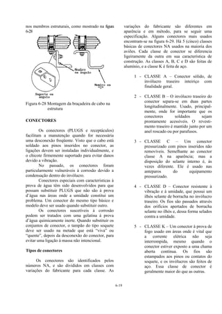 6-19
nos membros estruturais, como mostrado na figura
6-28
Figura 6-28 Montagem da braçadeira de cabo na
estrutura
CONECTORES
Os conectores (PLUGS e receptáculos)
facilitam a manutenção quando for necessária
uma desconexão freqüente. Visto que o cabo está
soldado aos pinos inseridos no conector, as
ligações devem ser instaladas individualmente, e
o chicote firmemente suportado para evitar danos
devido a vibração.
No passado, os conectores foram
particularmente vulneráveis à corrosão devido a
condensação dentro do invólucro.
Conectores especiais com características à
prova de água têm sido desenvolvidos para que
possam substituir PLUGS que não são à prova
d’água nas áreas onde a umidade constitui um
problema. Um conector do mesmo tipo básico e
modelo deve ser usado quando substituir outro.
Os conectores suscetíveis à corrosão
podem ser tratados com uma gelatina à prova
d’água quimicamente inerte. Quando substituir os
conjuntos de conector, o tampão do tipo soquete
deve ser usado na metade que está “viva” ou
“quente”, depois da desconexão do conector, para
evitar uma ligação à massa não intencional.
Tipos de conectores
Os conectores são identificados pelos
números NA, e são divididos em classes com
variações do fabricante para cada classe. As
variações do fabricante são diferentes em
aparência e em método, para se seguir uma
especificação. Alguns conectores mais usados
encontram-se na figura 6-29. Há 5 (cinco) classes
básicas de conectores NA usados na maioria dos
aviões. Cada classe de conector se diferencia
ligeiramente da outra em sua característica de
construção. As classes A, B, C e D são feitas de
alumínio, e a classe K é feita de aço.
1 - CLASSE A – Conector sólido, de
invólucro traseiro inteiriço com
finalidade geral.
2 - CLASSE B – O invólucro traseiro do
conector separa-se em duas partes
longitudinalmente. Usado, principal-
mente, onde for importante que os
conectores soldados sejam
prontamente acessíveis. O revesti-
mento traseiro é mantido junto por um
anel roscado ou por parafusos.
3 - CLASSE C – Um conector
pressurizado com pinos inseridos não
removíveis. Semelhante ao conector
classe A na aparência; mas a
disposição do selante interno é, às
vezes diferente. Ele é usado nas
anteparos do equipamento
pressurizado.
4 - CLASSE D – Conector resistente à
vibração e à umidade, que possui um
ilhós selante de borracha no invólucro
traseiro. Os fios são passados através
dos orifícios apertados de borracha
selante no ilhós e, dessa forma selados
contra a umidade.
5 - CLASSE K – Um conector à prova de
fogo usado em áreas onde é vital que
a corrente elétrica não seja
interrompida, mesmo quando o
conector estiver exposto a uma chama
aberta contínua. Os fios são
estampados aos pinos ou contatos do
soquete, e os invólucros são feitos de
aço. Essa classe de conector é
geralmente maior do que as outras.
 