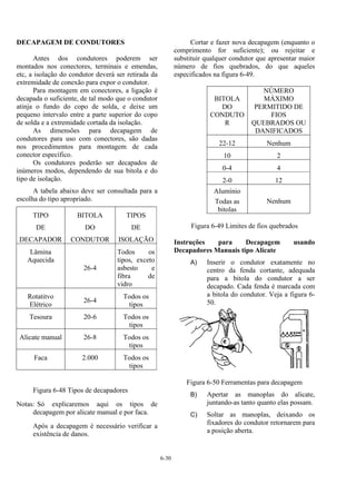6-30
DECAPAGEM DE CONDUTORES
Antes dos condutores poderem ser
montados nos conectores, terminais e emendas,
etc, a isolação do condutor deverá ser retirada da
extremidade de conexão para expor o condutor.
Para montagem em conectores, a ligação é
decapada o suficiente, de tal modo que o condutor
atinja o fundo do copo de solda, e deixe um
pequeno intervalo entre a parte superior do copo
de solda e a extremidade cortada da isolação.
As dimensões para decapagem de
condutores para uso com conectores, são dadas
nos procedimentos para montagem de cada
conector específico.
Os condutores poderão ser decapados de
inúmeros modos, dependendo de sua bitola e do
tipo de isolação.
A tabela abaixo deve ser consultada para a
escolha do tipo apropriado.
TIPO
DE
DECAPADOR
BITOLA
DO
CONDUTOR
TIPOS
DE
ISOLAÇÃO
Lâmina
Aquecida
26-4
Todos os
tipos, exceto
asbesto e
fibra de
vidro
Rotatitvo
Elétrico
26-4
Todos os
tipos
Tesoura 20-6 Todos os
tipos
Alicate manual 26-8 Todos os
tipos
Faca 2.000 Todos os
tipos
Figura 6-48 Tipos de decapadores
Notas: Só explicaremos aqui os tipos de
decapagem por alicate manual e por faca.
Após a decapagem é necessário verificar a
existência de danos.
Cortar e fazer nova decapagem (enquanto o
comprimento for suficiente); ou rejeitar e
substituir qualquer condutor que apresentar maior
número de fios quebrados, do que aqueles
especificados na figura 6-49.
BITOLA
DO
CONDUTO
R
NÚMERO
MÁXIMO
PERMITIDO DE
FIOS
QUEBRADOS OU
DANIFICADOS
22-12 Nenhum
10 2
0-4 4
2-0 12
Alumínio
Todas as
bitolas
Nenhum
Figura 6-49 Limites de fios quebrados
Instruções para Decapagem usando
Decapadores Manuais tipo Alicate
A) Inserir o condutor exatamente no
centro da fenda cortante, adequada
para a bitola do condutor a ser
decapado. Cada fenda é marcada com
a bitola do condutor. Veja a figura 6-
50.
Figura 6-50 Ferramentas para decapagem
B) Apertar as manoplas do alicate,
juntando-as tanto quanto elas possam.
C) Soltar as manoplas, deixando os
fixadores do condutor retornarem para
a posição aberta.
 