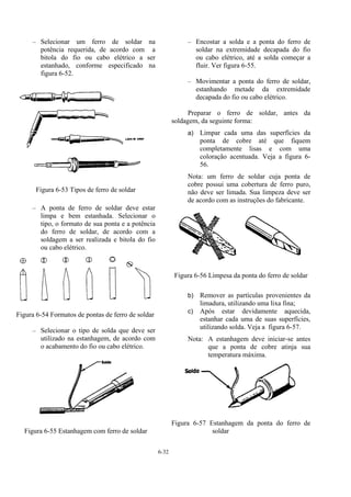 6-32
– Selecionar um ferro de soldar na
potência requerida, de acordo com a
bitola do fio ou cabo elétrico a ser
estanhado, conforme especificado na
figura 6-52.
Figura 6-53 Tipos de ferro de soldar
– A ponta de ferro de soldar deve estar
limpa e bem estanhada. Selecionar o
tipo, o formato de sua ponta e a potência
do ferro de soldar, de acordo com a
soldagem a ser realizada e bitola do fio
ou cabo elétrico.
Figura 6-54 Formatos de pontas de ferro de soldar
– Selecionar o tipo de solda que deve ser
utilizado na estanhagem, de acordo com
o acabamento do fio ou cabo elétrico.
Figura 6-55 Estanhagem com ferro de soldar
– Encostar a solda e a ponta do ferro de
soldar na extremidade decapada do fio
ou cabo elétrico, até a solda começar a
fluir. Ver figura 6-55.
– Movimentar a ponta do ferro de soldar,
estanhando metade da extremidade
decapada do fio ou cabo elétrico.
Preparar o ferro de soldar, antes da
soldagem, da seguinte forma:
a) Limpar cada uma das superfícies da
ponta de cobre até que fiquem
completamente lisas e com uma
coloração acentuada. Veja a figura 6-
56.
Nota: um ferro de soldar cuja ponta de
cobre possui uma cobertura de ferro puro,
não deve ser limada. Sua limpeza deve ser
de acordo com as instruções do fabricante.
Figura 6-56 Limpesa da ponta do ferro de soldar
b) Remover as partículas provenientes da
limadura, utilizando uma lixa fina;
c) Após estar devidamente aquecida,
estanhar cada uma de suas superfícies,
utilizando solda. Veja a figura 6-57.
Nota: A estanhagem deve iniciar-se antes
que a ponta de cobre atinja sua
temperatura máxima.
Figura 6-57 Estanhagem da ponta do ferro de
soldar
 