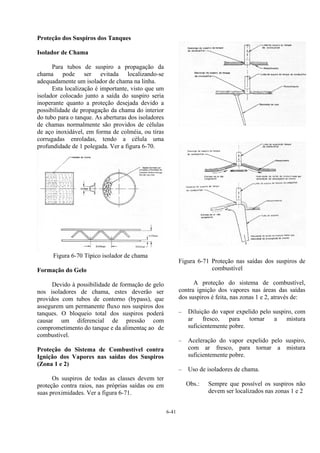 6-41
Proteção dos Suspiros dos Tanques
Isolador de Chama
Para tubos de suspiro a propagação da
chama pode ser evitada localizando-se
adequadamente um isolador de chama na linha.
Esta localização é importante, visto que um
isolador colocado junto a saída do suspiro seria
inoperante quanto a proteção desejada devido a
possibilidade de propagação da chama do interior
do tubo para o tanque. As aberturas dos isoladores
de chamas normalmente são providos de células
de aço inoxidável, em forma de colméia, ou tiras
corrugadas enroladas, tendo a célula uma
profundidade de 1 polegada. Ver a figura 6-70.
Figura 6-70 Típico isolador de chama
Formação do Gelo
Devido à possibilidade de formação de gelo
nos isoladores de chama, estes deverão ser
providos com tubos de contorno (bypass), que
assegurem um permanente fluxo nos suspiros dos
tanques. O bloqueio total dos suspiros poderá
causar um diferencial de pressão com
comprometimento do tanque e da alimentaç ao de
combustível.
Proteção do Sistema de Combustível contra
Ignição dos Vapores nas saídas dos Suspiros
(Zona 1 e 2)
Os suspiros de todas as classes devem ter
proteção contra raios, nas próprias saídas ou em
suas proximidades. Ver a figura 6-71.
Figura 6-71 Proteção nas saídas dos suspiros de
combustível
A proteção do sistema de combustível,
contra ignição dos vapores nas áreas das saídas
dos suspiros é feita, nas zonas 1 e 2, através de:
– Diluição do vapor expelido pelo suspiro, com
ar fresco, para tornar a mistura
suficientemente pobre.
– Aceleração do vapor expelido pelo suspiro,
com ar fresco, para tornar a mistura
suficientemente pobre.
– Uso de isoladores de chama.
Obs.: Sempre que possível os suspiros não
devem ser localizados nas zonas 1 e 2
 