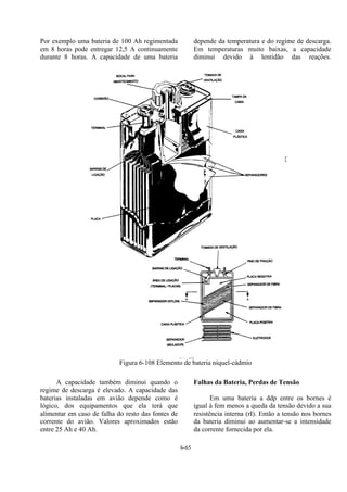 6-65
Por exemplo uma bateria de 100 Ah regimentada
em 8 horas pode entregar 12,5 A continuamente
durante 8 horas. A capacidade de uma bateria
depende da temperatura e do regime de descarga.
Em temperaturas muito baixas, a capacidade
diminui devido à lentidão das reações.
Figura 6-108 Elemento de bateria níquel-cádmio
A capacidade também diminui quando o
regime de descarga é elevado. A capacidade das
baterias instaladas em avião depende como é
lógico, dos equipamentos que ela terá que
alimentar em caso de falha do resto das fontes de
corrente do avião. Valores aproximados estão
entre 25 Ah e 40 Ah.
Falhas da Bateria, Perdas de Tensão
Em uma bateria a ddp entre os bornes é
igual à fem menos a queda da tensão devido a sua
resistência interna (rI). Então a tensão nos bornes
da bateria diminui ao aumentar-se a intensidade
da corrente fornecida por ela.
 