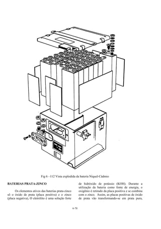 6-70
Fig 6 –112 Vista explodida da bateria Níquel-Cádmio
BATERIAS PRATA-ZINCO
Os elementos ativos das baterias prata-zinco
sõ o óxido de prata (placa positiva) e o zinco
(placa negativa), O eletrólito é uma solução forte
de hidróxido de potássio (KOH). Durante a
utilização da bateria como fonte de energia, o
oxigênio é retirado da placa positiva e se combina
com o zinco. Assim, as placas positivas de óxido
de prata vão transformando-se em prata pura,
 