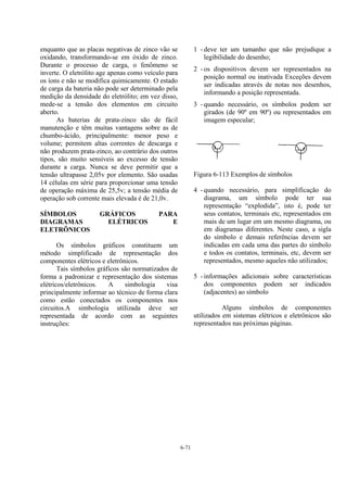 6-71
enquanto que as placas negativas de zinco vão se
oxidando, transformando-se em óxido de zinco.
Durante o processo de carga, o fenômeno se
inverte. O eletrólito age apenas como veículo para
os íons e não se modifica quimicamente. O estado
de carga da bateria não pode ser determinado pela
medição da densidade do eletrólito; em vez disso,
mede-se a tensão dos elementos em circuito
aberto.
As baterias de prata-zinco são de fácil
manutenção e têm muitas vantagens sobre as de
chumbo-ácido, principalmente: menor peso e
volume; permitem altas correntes de descarga e
não produzem prata-zinco, ao contrário dos outros
tipos, são muito sensíveis ao excesso de tensão
durante a carga. Nunca se deve permitir que a
tensão ultrapasse 2,05v por elemento. São usadas
14 células em série para proporcionar uma tensão
de operação máxima de 25,5v; a tensão média de
operação sob corrente mais elevada é de 21,0v.
SÍMBOLOS GRÁFICOS PARA
DIAGRAMAS ELÉTRICOS E
ELETRÔNICOS
Os símbolos gráficos constituem um
método simplificado de representação dos
componentes elétricos e eletrônicos.
Tais símbolos gráficos são normatizados de
forma a padronizar e representação dos sistemas
elétricos/eletrônicos. A simbologia visa
principalmente informar ao técnico de forma clara
como estão conectados os componentes nos
circuitos.A simbologia utilizada deve ser
representada de acordo com as seguintes
instruções:
1 - deve ter um tamanho que não prejudique a
legibilidade do desenho;
2 - os dispositivos devem ser representados na
posição normal ou inativada Exceções devem
ser indicadas através de notas nos desenhos,
informando a posição representada.
3 - quando necessário, os símbolos podem ser
girados (de 90º em 90º) ou representados em
imagem especular;
Figura 6-113 Exemplos de símbolos
4 - quando necessário, para simplificação do
diagrama, um símbolo pode ter sua
representação “explodida”, isto é, pode ter
seus contatos, terminais etc, representados em
mais de um lugar em um mesmo diagrama, ou
em diagramas diferentes. Neste caso, a sigla
do símbolo e demais referências devem ser
indicadas em cada uma das partes do símbolo
e todos os contatos, terminais, etc, devem ser
representados, mesmo aqueles não utilizados;
5 - informações adicionais sobre características
dos componentes podem ser indicados
(adjacentes) ao símbolo
Alguns símbolos de componentes
utilizados em sistemas elétricos e eletrônicos são
representados nas próximas páginas.
 