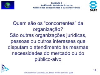 Capítulo 6 Análise do Ambiente Externo Análise dos concorrentes e da concorrência Quem são os “concorrentes” da organização? São outras organizações jurídicas, pessoas ou outros interesses que disputam o atendimento às mesmas necessidades do mercado ou do público-alvo 