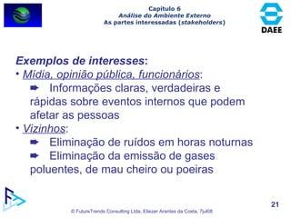 Exemplos de interesses : Mídia, opinião pública, funcionários :    Informações claras, verdadeiras e rápidas sobre eventos internos que podem afetar as pessoas Vizinhos :    Eliminação de ruídos em horas noturnas    Eliminação da emissão de gases poluentes, de mau cheiro ou poeiras Capítulo 6 Análise do Ambiente Externo As partes interessadas ( stakeholders ) 