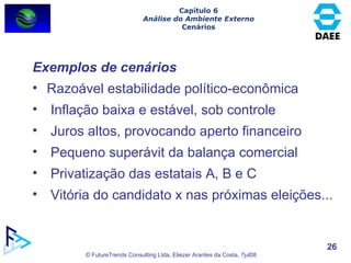 Exemplos de cenários Razoável estabilidade político-econômica Inflação baixa e estável, sob controle Juros altos, provocando aperto financeiro Pequeno superávit da balança comercial Privatização das estatais A, B e C Vitória do candidato x nas próximas eleições... Capítulo 6 Análise do Ambiente Externo Cenários 