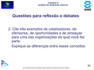 2. Cite três exemplos de catalisadores, de ofensores, de oportunidades e de ameaças para uma das organizações da qual você faz parte Explique as diferenças entre esses conceitos Questões para reflexão e debates Capítulo 6 Análise do Ambiente Externo 
