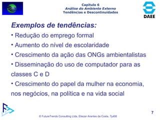 Capítulo 6 Análise do Ambiente Externo Tendências e Descontinuidades Exemplos de tendências: Redução do emprego formal Aumento do nível de escolaridade Crescimento da ação das ONGs ambientalistas Disseminação do uso de computador para as classes C e D Crescimento do papel da mulher na economia, nos negócios, na política e na vida social 