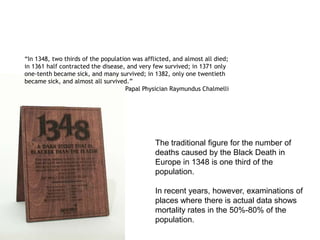 “In 1348, two thirds of the population was afflicted, and almost all died;
in 1361 half contracted the disease, and very few survived; in 1371 only
one-tenth became sick, and many survived; in 1382, only one twentieth
became sick, and almost all survived.”
                                    Papal Physician Raymundus Chalmelli




                                               The traditional figure for the number of
                                               deaths caused by the Black Death in
                                               Europe in 1348 is one third of the
                                               population.

                                               In recent years, however, examinations of
                                               places where there is actual data shows
                                               mortality rates in the 50%-80% of the
                                               population.
 
