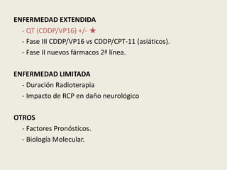ENFERMEDAD EXTENDIDA
- QT (CDDP/VP16) +/- ★
- Fase III CDDP/VP16 vs CDDP/CPT-11 (asiáticos).
- Fase II nuevos fármacos 2ª línea.
ENFERMEDAD LIMITADA
- Duración Radioterapia
- Impacto de RCP en daño neurológico

OTROS
- Factores Pronósticos.
- Biología Molecular.

 