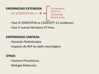 ENFERMEDAD EXTENDIDA
- QT (CDDP/VP16) +/- ★

Pravastatina
NTX-010
Ganitumab
Rilotimumab

- Fase III CDDP/VP16 vs CDDP/CPT-11 (asiáticos).
- Fase II nuevos fármacos 2ª línea.
ENFERMEDAD LIMITADA
- Duración Radioterapia
- Impacto de RCP en daño neurológico
OTROS
- Factores Pronósticos.
- Biología Molecular.

 