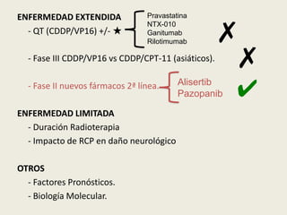ENFERMEDAD EXTENDIDA
- QT (CDDP/VP16) +/- ★

Pravastatina
NTX-010
Ganitumab
Rilotimumab

✗
✗

- Fase III CDDP/VP16 vs CDDP/CPT-11 (asiáticos).
- Fase II nuevos fármacos 2ª línea.
ENFERMEDAD LIMITADA
- Duración Radioterapia
- Impacto de RCP en daño neurológico
OTROS
- Factores Pronósticos.
- Biología Molecular.

Alisertib
Pazopanib

✔

 