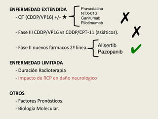 ENFERMEDAD EXTENDIDA
- QT (CDDP/VP16) +/- ★

Pravastatina
NTX-010
Ganitumab
Rilotimumab

✗
✗

- Fase III CDDP/VP16 vs CDDP/CPT-11 (asiáticos).
- Fase II nuevos fármacos 2ª línea.
ENFERMEDAD LIMITADA
- Duración Radioterapia
- Impacto de RCP en daño neurológico
OTROS
- Factores Pronósticos.
- Biología Molecular.

Alisertib
Pazopanib

✔

 