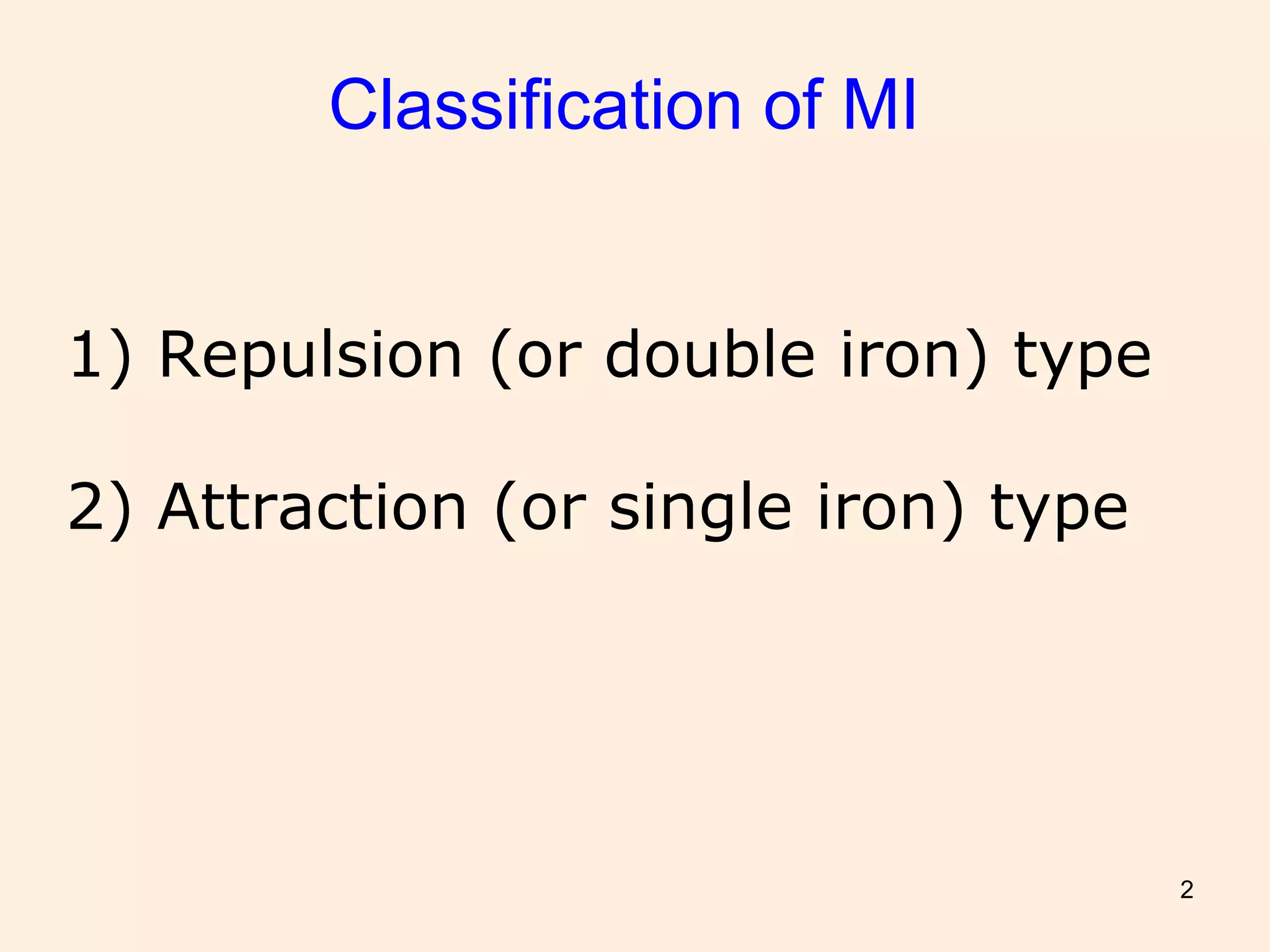 2
Classification of MI
1) Repulsion (or double iron) type
2) Attraction (or single iron) type
 