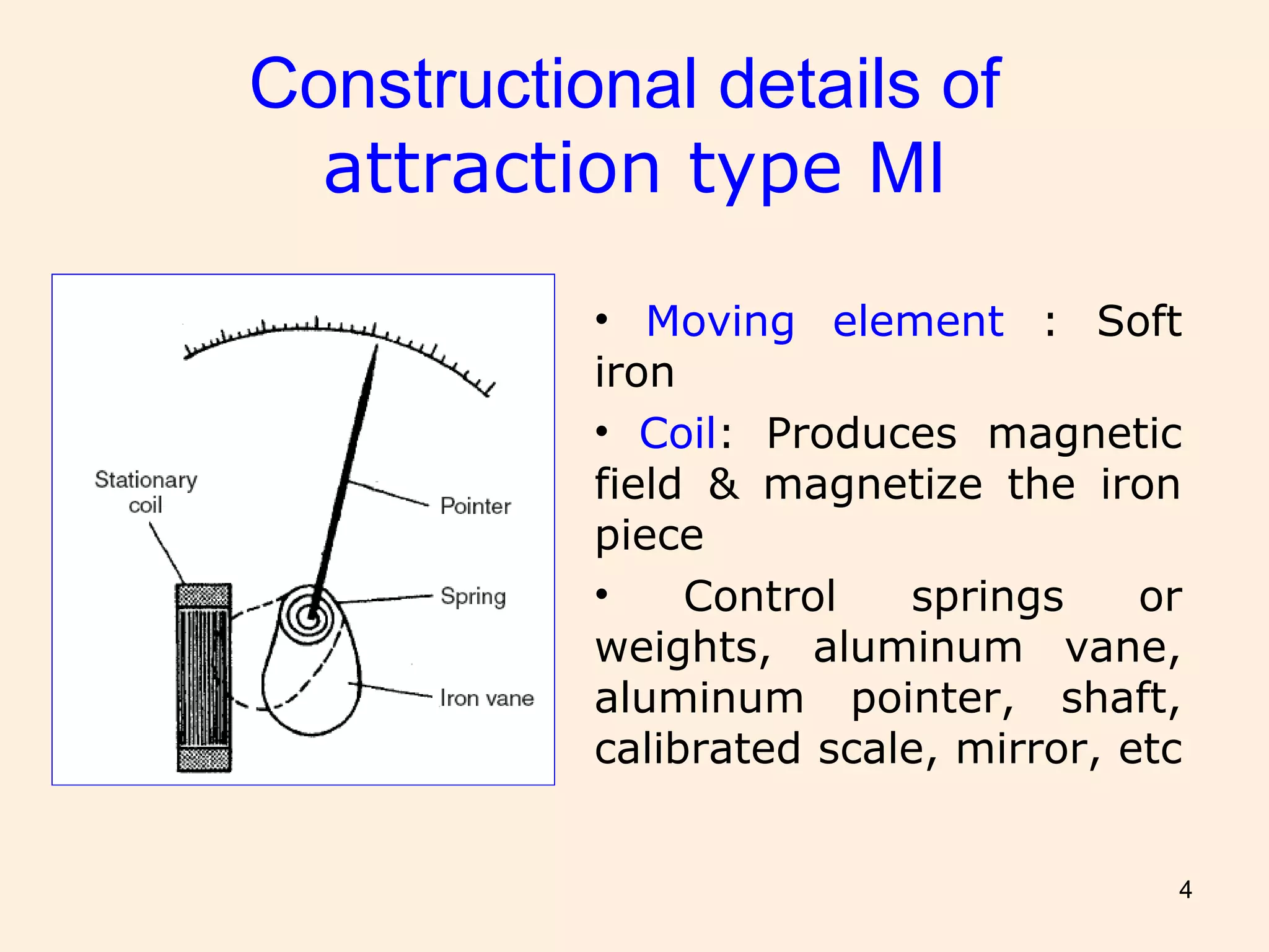 4
Constructional details of
attraction type MI
• Moving element : Soft
iron
• Coil: Produces magnetic
field & magnetize the iron
piece
• Control springs or
weights, aluminum vane,
aluminum pointer, shaft,
calibrated scale, mirror, etc
 