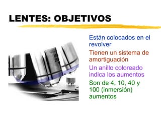 LENTES: OBJETIVOS

             Están colocados en el
             revolver
             Tienen un sistema de
             amortiguación
             Un anillo coloreado
             indica los aumentos
             Son de 4, 10, 40 y
             100 (inmersión)
             aumentos
 