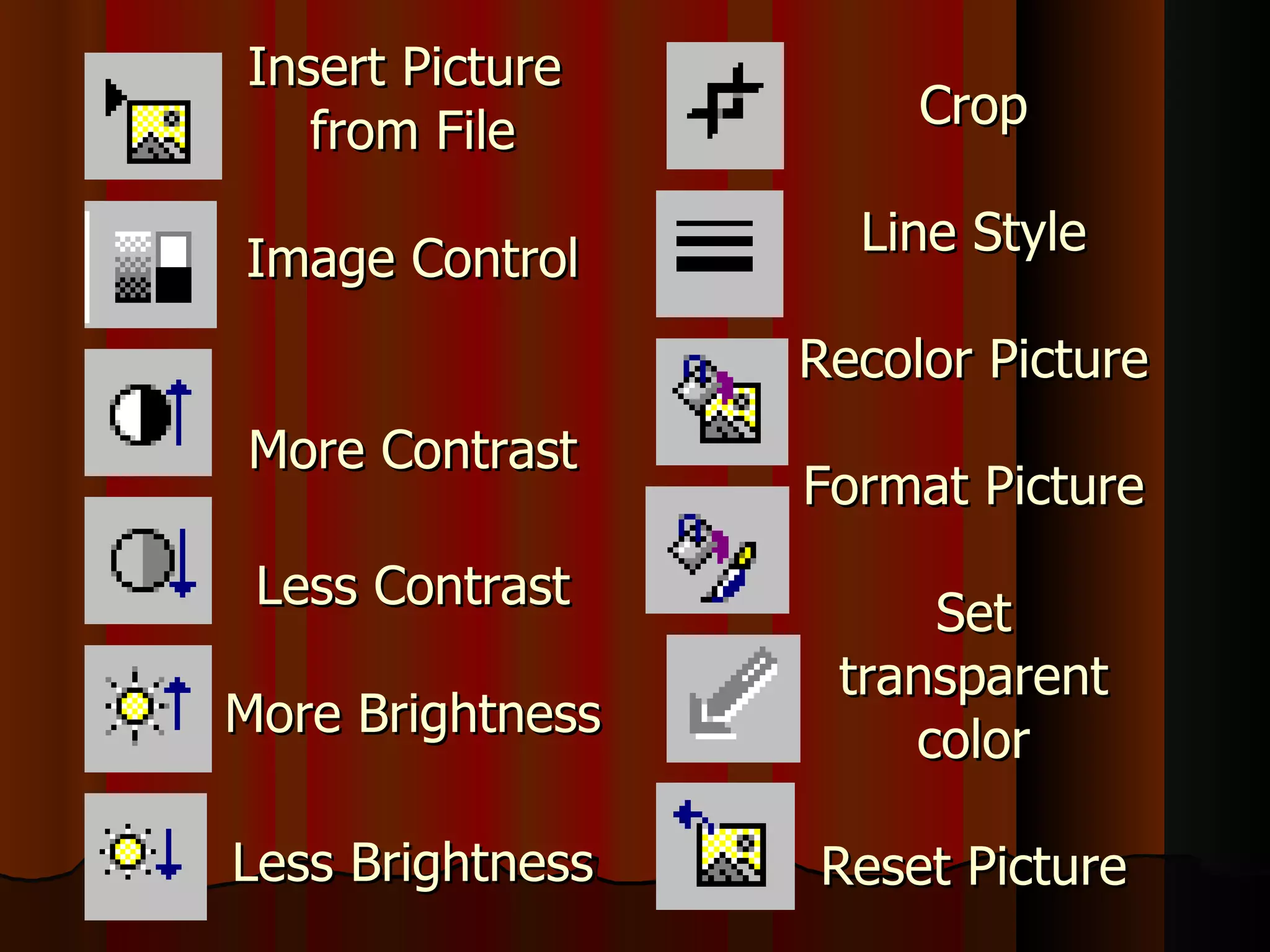 Insert Picture  from File Image Control More Contrast Less Contrast More Brightness Less Brightness Crop Line Style Recolor Picture Format Picture Set transparent color Reset Picture 