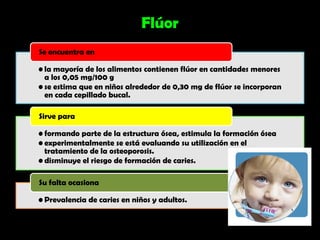 Flúor
Se encuentra en

• la mayoría de los alimentos contienen flúor en cantidades menores
  a los 0,05 mg/100 g
• se estima que en niños alrededor de 0,30 mg de flúor se incorporan
  en cada cepillado bucal.

Sirve para

• formando parte de la estructura ósea, estimula la formación ósea
• experimentalmente se está evaluando su utilización en el
  tratamiento de la osteoporosis.
• disminuye el riesgo de formación de caries.

Su falta ocasiona

• Prevalencia de caries en niños y adultos.
 