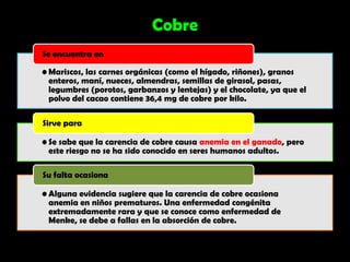Cobre
Se encuentra en

• Mariscos, las carnes orgánicas (como el hígado, riñones), granos
  enteros, maní, nueces, almendras, semillas de girasol, pasas,
  legumbres (porotos, garbanzos y lentejas) y el chocolate, ya que el
  polvo del cacao contiene 36,4 mg de cobre por kilo.

Sirve para

• Se sabe que la carencia de cobre causa anemia en el ganado, pero
  este riesgo no se ha sido conocido en seres humanos adultos.

Su falta ocasiona

• Alguna evidencia sugiere que la carencia de cobre ocasiona
  anemia en niños prematuros. Una enfermedad congénita
  extremadamente rara y que se conoce como enfermedad de
  Menke, se debe a fallas en la absorción de cobre.
 