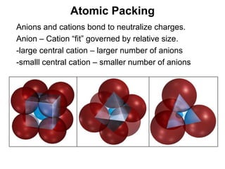 Atomic Packing
•   Anions and cations bond to neutralize charges.
•   Anion – Cation “fit” governed by relative size.
•   -large central cation – larger number of anions
•   -smalll central cation – smaller number of anions




                                                        Chapter 5
 