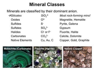 Mineral Classes
•   Minerals are classified by their dominant anion.
    Silicates                 SiO24-         Most rock-forming mins!
    •   Oxides                 O2-            Magnetite, Hematite
    •   Sulfides               S-             Pyrite, Galena
    •   Sulfates               SO42-          Gypsum
    •   Halides                Cl- or F-      Fluorite, Halite
    •   Carbonates             CO32-          Calcite, Dolomite
    •   Native Elements        Cu, Au, C      Copper, Gold, Graphite

Malachite (Carbonate)     Fluorite (Halide)      Native Copper




                                                                 Chapter 5
 