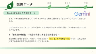 Geminiで抽出した今回のテーマ
7
施策 まとめ 付録
1
提供データ
 