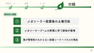 植林地の課題
施策 まとめ
提供データ
4
付録
76
メガソーラー設置後の土壌汚染
①
メガソーラーブームの終焉に伴う跡地が激増
②
誰が管理者かわからない放置ソーラーパネルの増加
③
 