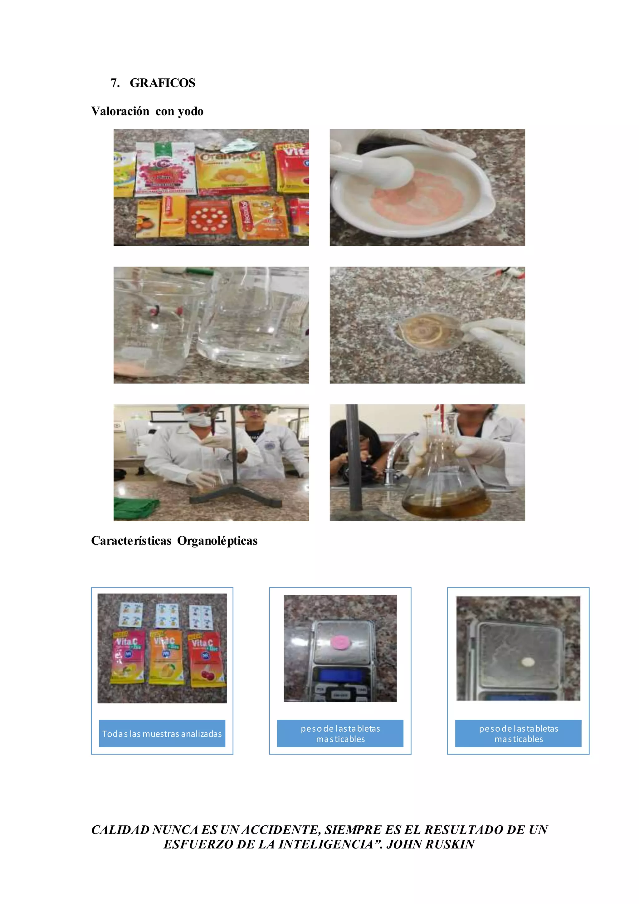 CALIDAD NUNCA ES UN ACCIDENTE, SIEMPRE ES EL RESULTADO DE UN
ESFUERZO DE LA INTELIGENCIA”. JOHN RUSKIN
7. GRAFICOS
Valoración con yodo
Características Organolépticas
Todas las muestras analizadas
pesode lastabletas
masticables
pesode lastabletas
masticables
 