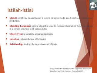 Istilah-istial
 Model: simplified description of a system or a process to assist analysis, calculations,
prediction.
 Modeling Language: special algorithm used to express information flow or a system
in a certain structure with certain rules
 Object Type: to describe actual components
 Intention :intended class of behavior
 Relationship: to describe dependence of objects
 