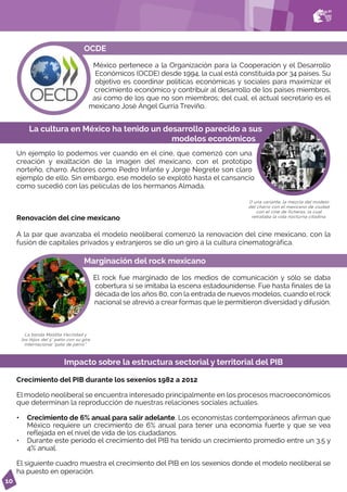10
OCDE
México pertenece a la Organización para la Cooperación y el Desarrollo
Económicos (OCDE) desde 1994, la cual está constituida por 34 países. Su
objetivo es coordinar políticas económicas y sociales para maximizar el
crecimiento económico y contribuir al desarrollo de los países miembros,
así como de los que no son miembros; del cual, el actual secretario es el
mexicano José Ángel Gurría Treviño.
Marginación del rock mexicano
El rock fue marginado de los medios de comunicación y sólo se daba
cobertura si se imitaba la escena estadounidense. Fue hasta finales de la
década de los años 80, con la entrada de nuevos modelos, cuando el rock
nacional se atrevió a crear formas que le permitieron diversidad y difusión.
La banda Maldita Vecindad y
los Hijos del 5° patio con su gira
internacional “pata de perro”.
La cultura en México ha tenido un desarrollo parecido a sus
modelos económicos
O una variante, la mezcla del modelo
del charro con el mexicano de ciudad
con el cine de ficheras, la cual
retrataba la vida nocturna citadina.
Un ejemplo lo podemos ver cuando en el cine, que comenzó con una
creación y exaltación de la imagen del mexicano, con el prototipo
norteño, charro. Actores como Pedro Infante y Jorge Negrete son claro
ejemplo de ello. Sin embargo, ese modelo se explotó hasta el cansancio
como sucedió con las películas de los hermanos Almada.
Renovación del cine mexicano
A la par que avanzaba el modelo neoliberal comenzó la renovación del cine mexicano, con la
fusión de capitales privados y extranjeros se dio un giro a la cultura cinematográfica.
Crecimiento del PIB durante los sexenios 1982 a 2012
El modelo neoliberal se encuentra interesado principalmente en los procesos macroeconómicos
que determinan la reproducción de nuestras relaciones sociales actuales.
• Crecimiento de 6% anual para salir adelante. Los economistas contemporáneos afirman que
México requiere un crecimiento de 6% anual para tener una economía fuerte y que se vea
reflejada en el nivel de vida de los ciudadanos.
• Durante este periodo el crecimiento del PIB ha tenido un crecimiento promedio entre un 3.5 y
4% anual.
El siguiente cuadro muestra el crecimiento del PIB en los sexenios donde el modelo neoliberal se
ha puesto en operación.
Impacto sobre la estructura sectorial y territorial del PIB
 