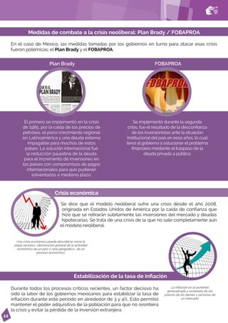12
En el caso de México, las medidas tomadas por los gobiernos en turno para atacar esas crisis
fueron polémicas: el Plan Brady y el FOBAPROA.
Medidas de combate a la crisis neoliberal: Plan Brady / FOBAPROA
El primero se implementó en la crisis
de 1985, por la caída de los precios de
petróleo, el poco crecimiento regional
en Latinoamérica y una deuda externa
impagable para muchos de estos
países. La solución internacional fue
la reducción paulatina de la deuda
para el incremento de inversiones en
los países con compromisos de pagos
internacionales para que pudieran
solventarlos a mediano plazo.
Se implementó durante la segunda
crisis, fue el resultado de la desconfianza
de los inversionistas ante la situación
institucional del país en esos años, lo cual
llevó al gobierno a solucionar el problema
financiero mediante el traspaso de la
deuda privada a pública.
Plan Brady FOBAPROA
Crisis económica
Se dice que el modelo neoliberal sufre una crisis desde el año 2008,
originada en Estados Unidos de América por la caída de confianza que
hizo que se retirarán súbitamente las inversiones del mercado y deudas
hipotecarias. Se trata de una crisis de la que no sale completamente aún
el modelo neoliberal.
Una crisis económica puede describirse como la
etapa recesiva –disminución general de la actividad
económica de un país o zona geográfica– de un
proceso económico.
Estabilización de la tasa de inflación
La inflación es el aumento
generalizado y sostenido de los
precios de los bienes y servicios de
un mercado.
Durante todos los procesos críticos recientes, un factor decisivo ha
sido la labor de los gobiernos mexicanos para estabilizar la tasa de
inflación durante este período en alrededor de 3 y 4%. Esto permitió
mantener el poder adquisitivo de la población para que no resintiera
la crisis y evitar la pérdida de la inversión extranjera.
 
