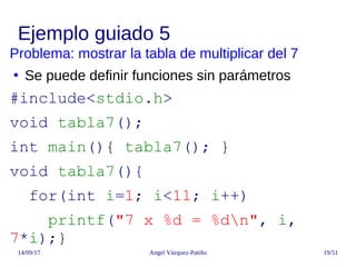14/09/17 Angel Vázquez-Patiño 19/51
Ejemplo guiado 5
Problema: mostrar la tabla de multiplicar del 7
●
Se puede definir fu...
