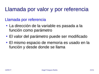 14/09/17 Angel Vázquez-Patiño 25/51
Llamada por valor y por referencia
Llamada por referencia
●
La dirección de la variabl...
