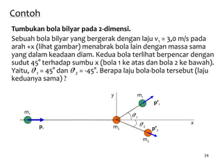 34
Contoh
Tumbukan bola bilyar pada 2-dimensi.
Sebuah bola bilyar yang bergerak dengan laju v1 = 3,0 m/s pada
arah +x (lihat gambar) menabrak bola lain dengan massa sama
yang dalam keadaan diam. Kedua bola terlihat berpencar dengan
sudut 45° terhadap sumbu x (bola 1 ke atas dan bola 2 ke bawah).
Yaitu, q'1 = 45° dan q'2 = -45°. Berapa laju bola-bola tersebut (laju
keduanya sama) ?
y
x
m1
m1
m2
m2
p1
p’1
p’2
q’1
q’2
 