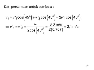 36
Dari persamaan untuk sumbu-x :
     
   
1 1 2 1
1
1 2
' cos 45 ' cos 45 2 ' cos 45
3,0 m/s
' ' 2,1 m/s
2 0,7072cos 45
v v v v
v
v v
  
    
o o o
o
 