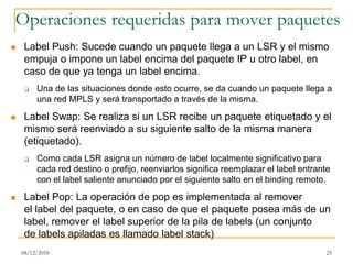 Operaciones requeridas para mover paquetes
08/12/2018 25
◼ Label Push: Sucede cuando un paquete llega a un LSR y el mismo
empuja o impone un label encima del paquete IP u otro label, en
caso de que ya tenga un label encima.
❑ Una de las situaciones donde esto ocurre, se da cuando un paquete llega a
una red MPLS y será transportado a través de la misma.
◼ Label Swap: Se realiza si un LSR recibe un paquete etiquetado y el
mismo será reenviado a su siguiente salto de la misma manera
(etiquetado).
❑ Como cada LSR asigna un número de label localmente significativo para
cada red destino o prefijo, reenviarlos significa reemplazar el label entrante
con el label saliente anunciado por el siguiente salto en el binding remoto.
◼ Label Pop: La operación de pop es implementada al remover
el label del paquete, o en caso de que el paquete posea más de un
label, remover el label superior de la pila de labels (un conjunto
de labels apiladas es llamado label stack)
 