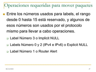 Operaciones requeridas para mover paquetes
08/12/2018 27
◼ Entre los números usados para labels, el rango
desde 0 hasta 15 está reservado, y algunos de
esos números son usados por el protocolo
mismo para llevar a cabo operaciones.
❑ Label Número 3 o Implicit NULL
❑ Labels Número 0 y 2 (IPv4 e IPv6) o Explicit NULL
❑ Label Número 1 o Router Alert
 