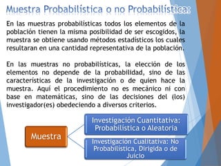 En las muestras probabilísticas todos los elementos de la
población tienen la misma posibilidad de ser escogidos, la
muestra se obtiene usando métodos estadísticos los cuales
resultaran en una cantidad representativa de la población.
En las muestras no probabilísticas, la elección de los
elementos no depende de la probabilidad, sino de las
características de la investigación o de quien hace la
muestra. Aquí el procedimiento no es mecánico ni con
base en matemáticas, sino de las decisiones del (los)
investigador(es) obedeciendo a diversos criterios.
Muestra
Investigación Cuantitativa:
Probabilística o Aleatoria
Investigación Cualitativa: No
Probabilística, Dirigida o de
Juicio
 