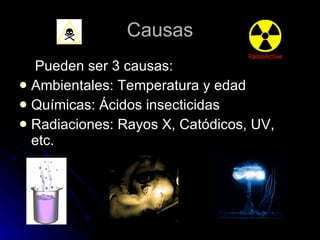Causas Pueden ser 3 causas: Ambientales: Temperatura y edad Químicas: Ácidos insecticidas Radiaciones: Rayos X, Catódicos, UV, etc. 