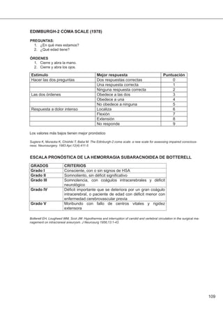 109
EDIMBURGH-2 COMA SCALE (1978)
PREGUNTAS:
1. ¿En qué mes estamos?
2. ¿Qué edad tiene?
ÓRDENES
1. Cierre y abra la mano.
2. Cierre y abra los ojos.
Los valores más bajos tienen mejor pronóstico
Sugiera K, Muraoka K, Chishiki T, Baba M. The Edinburgh-2 coma scale: a new scale for assessing impaired conscious-
ness. Neurosurgery. 1983 Apr;12(4):411-5
ESCALA PRONÓSTICA DE LA HEMORRAGIA SUBARACNOIDEA DE BOTTERELL
Botterell EH, Lougheed WM, Scot JW: Hypothermia and interruption of carotid and vertebral circulation in the surgical ma-
nagement on intracraneal aneurysm. J Neurosurg 1956;13:1-43.
 