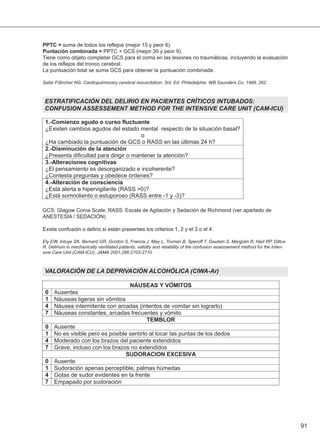91
PPTC = suma de todos los reflejos (mejor 15 y peor 6).
Puntación combinada = PPTC + GCS (mejor 30 y peor 9).
Tiene como objeto completar GCS para el coma en las lesiones no traumáticas, incluyendo la evaluación
de los reflejos del tronco cerebral.
La puntuación total se suma GCS para obtener la puntuación combinada.
Safar P,Bircher NG. Cardiopulmonary cerebral resuscitation. 3rd. Ed. Philadelphia. WB Saunders Co. 1988. 262.
ESTRATIFICACIÓN DEL DELIRIO EN PACIENTES CRÍTICOS INTUBADOS:
CONFUSION ASSESSEMENT METHOD FOR THE INTENSIVE CARE UNIT (CAM-ICU)
GCS: Glagow Coma Scale; RASS: Escala de Agitación y Sedación de Richmond (ver apartado de
ANESTESIA / SEDACIÓN)
Existe confusión o delirio si están presentes los criterios 1, 2 y el 3 o el 4.
Ely EW, Intuye SK, Bernard GR, Gordon S, Francis J, May L, Truman B, Speroff T, Gautam S, Margolin R, Hart RP, Dittus
R. Delirium in mechanically ventilated patients: validity and reliability of the confusion assessement method for the Inten-
sive Care Unit (CAM-ICU). JAMA 2001;286:2703-2710
VALORACIÓN DE LA DEPRIVACIÓN ALCOHÓLICA (CIWA-Ar)
 